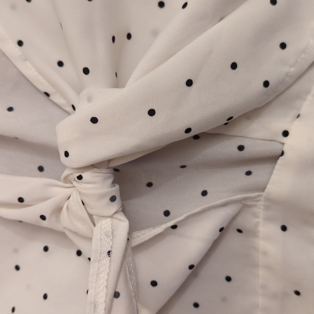 SHEIN ivory white and black polka dot bell sleeve front tie keyhole blouse - Picture 3 of 4